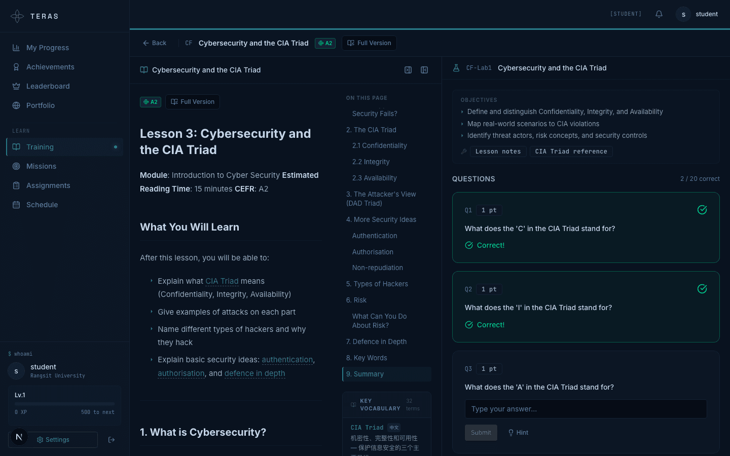 Split-pane lesson view with live terminal and lab environment